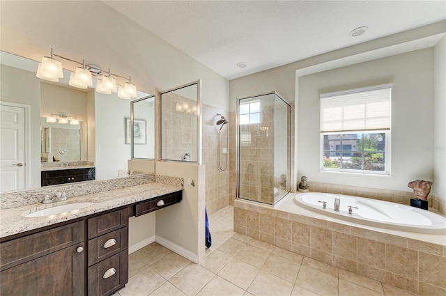 bathroom featuring tiled shower, a garden tub, and tile patterned floors