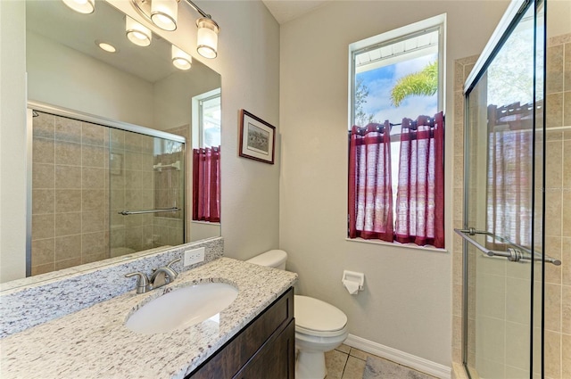 bathroom with tile patterned flooring, a shower stall, toilet, and baseboards