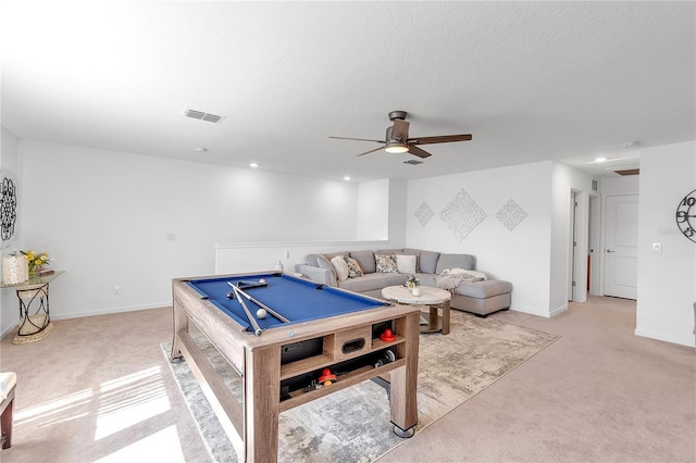 game room featuring light carpet, ceiling fan, billiards, and visible vents