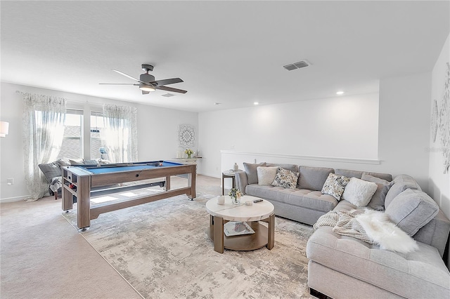 living room with recessed lighting, pool table, light colored carpet, visible vents, and ceiling fan