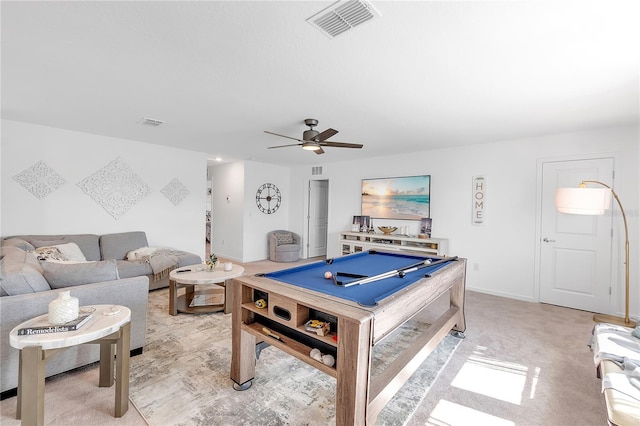 game room with light carpet, billiards, visible vents, baseboards, and ceiling fan