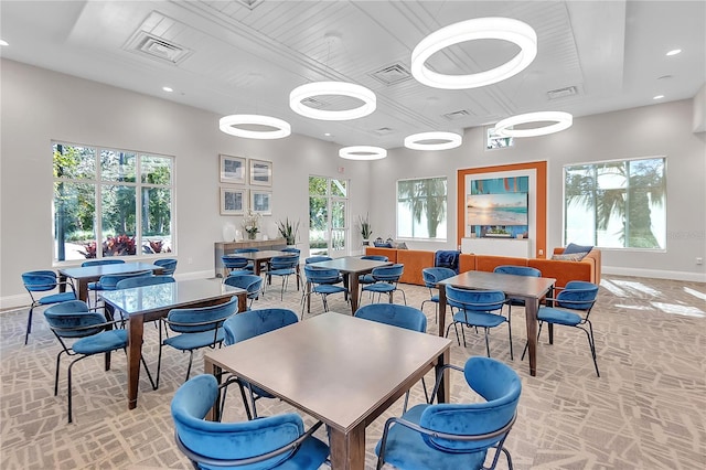 dining space with recessed lighting, visible vents, and baseboards