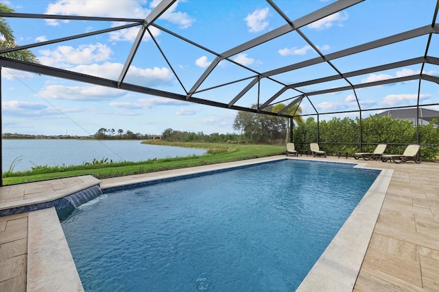 pool featuring a patio, a water view, and a lanai