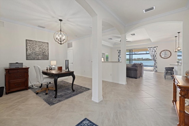 home office with arched walkways, light tile patterned floors, ceiling fan with notable chandelier, a water view, and ornamental molding