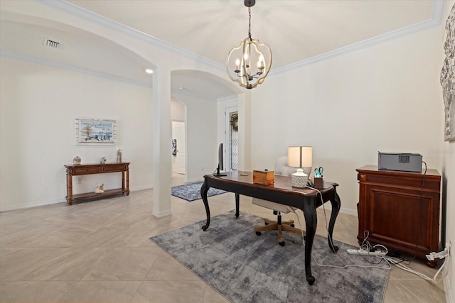 office featuring arched walkways, light tile patterned floors, visible vents, baseboards, and crown molding