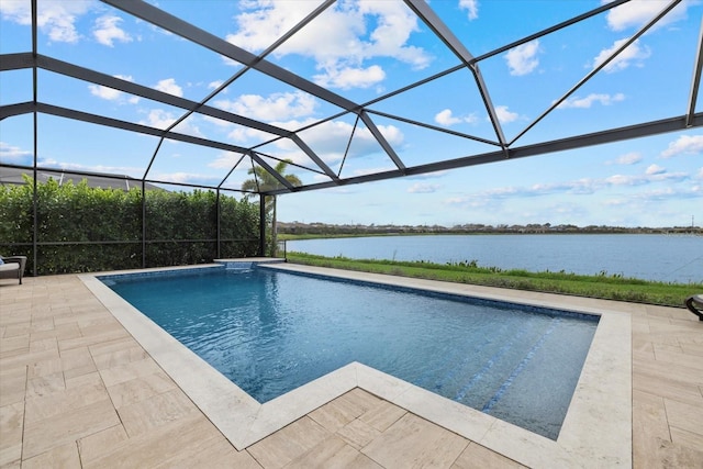 pool with a water view, glass enclosure, and a patio area