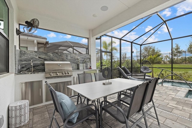 view of patio / terrace featuring glass enclosure, an outdoor pool, grilling area, and area for grilling