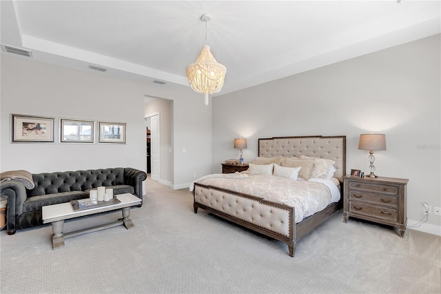 bedroom featuring light colored carpet, visible vents, and baseboards