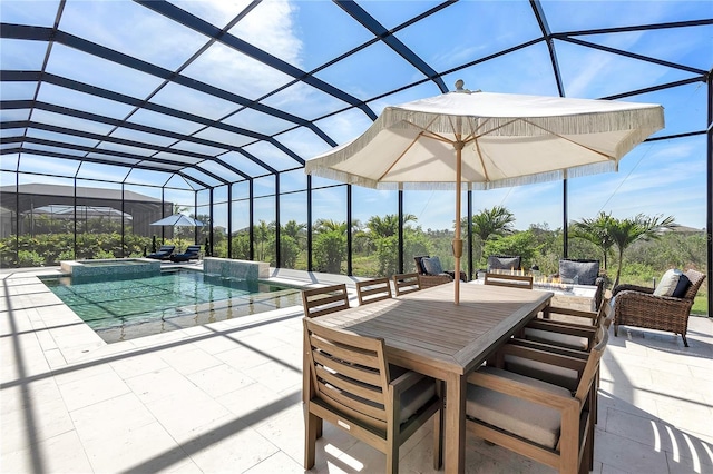 view of pool with a patio, outdoor dining space, a lanai, and a pool with connected hot tub