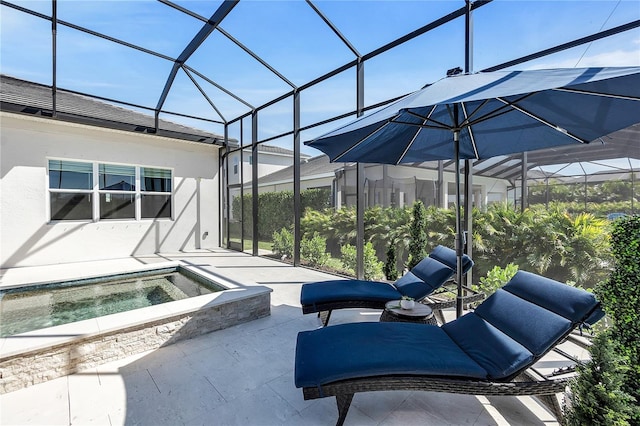 view of patio featuring glass enclosure