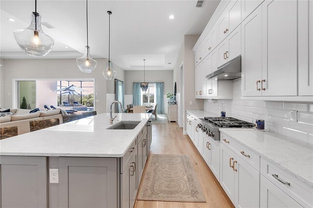 kitchen featuring gas stovetop, light wood finished floors, backsplash, a sink, and under cabinet range hood