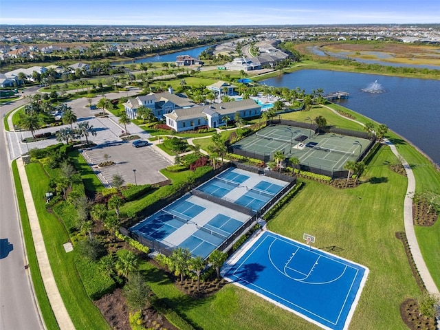 aerial view with a water view and a residential view