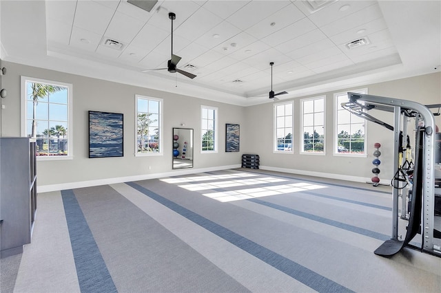 exercise area with visible vents, a tray ceiling, and carpet flooring