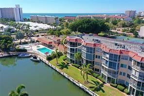 aerial view featuring a water view