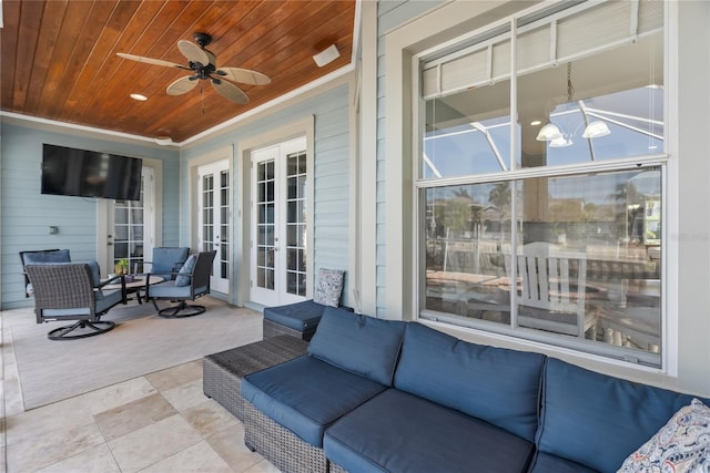 view of patio / terrace with french doors, outdoor lounge area, and ceiling fan