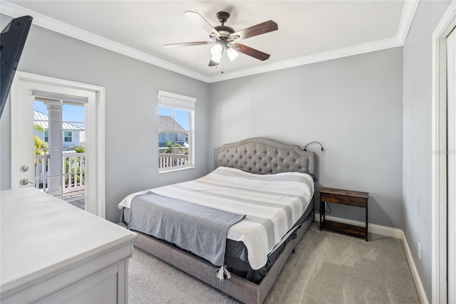 bedroom featuring a ceiling fan, access to outside, crown molding, baseboards, and light colored carpet