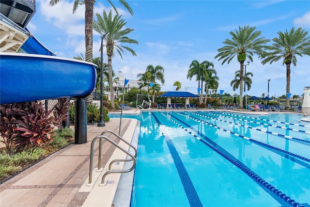 pool with a patio area