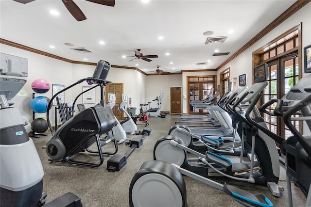 gym with visible vents, recessed lighting, french doors, and a ceiling fan