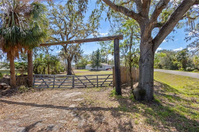 view of gate with fence and a yard