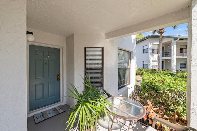 entrance to property featuring stucco siding