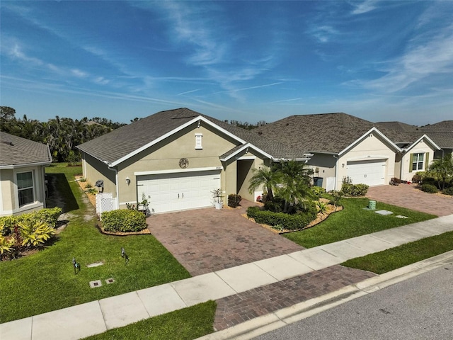 ranch-style home featuring an attached garage, a front yard, decorative driveway, and stucco siding