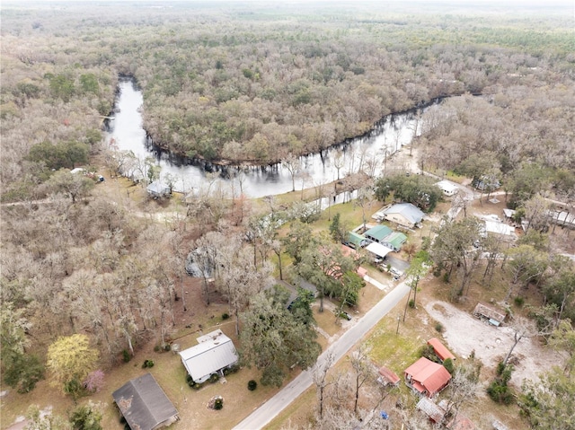 bird's eye view with a water view and a view of trees