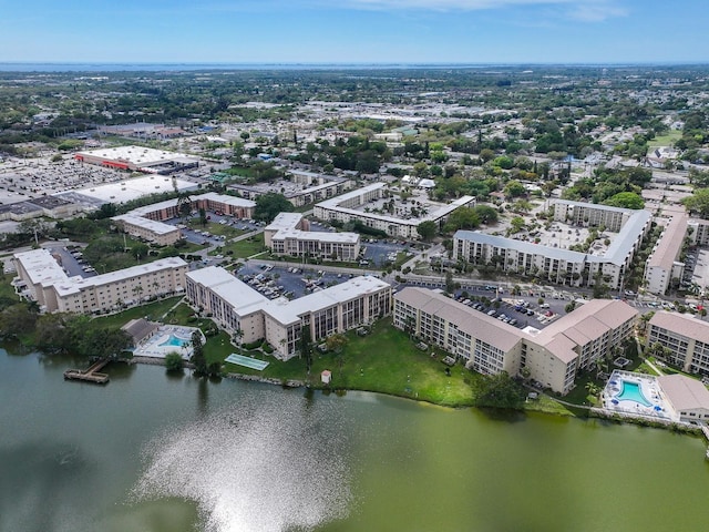 drone / aerial view with a water view