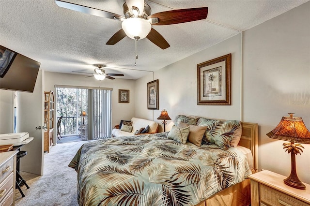 bedroom with light carpet, access to outside, a ceiling fan, and a textured ceiling