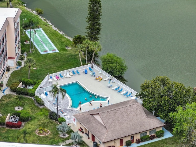 drone / aerial view with a water view