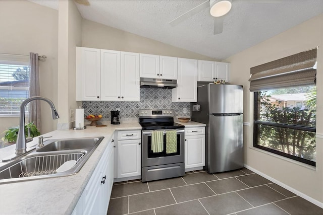 kitchen featuring appliances with stainless steel finishes, a sink, vaulted ceiling, under cabinet range hood, and backsplash