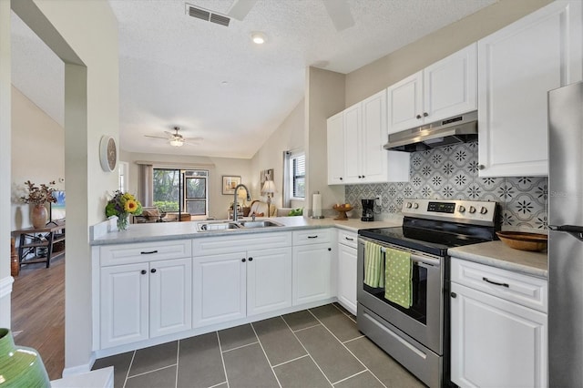 kitchen with under cabinet range hood, stainless steel appliances, a sink, a ceiling fan, and visible vents