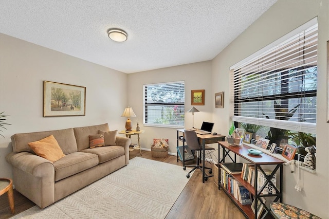 office with a wealth of natural light, a textured ceiling, and wood finished floors