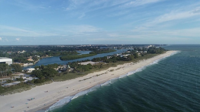 aerial view featuring a water view and a view of the beach