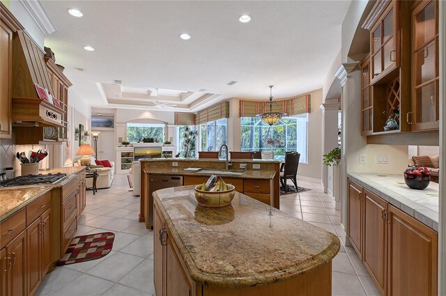 kitchen featuring a kitchen island with sink, stainless steel gas stovetop, plenty of natural light, a raised ceiling, and a sink