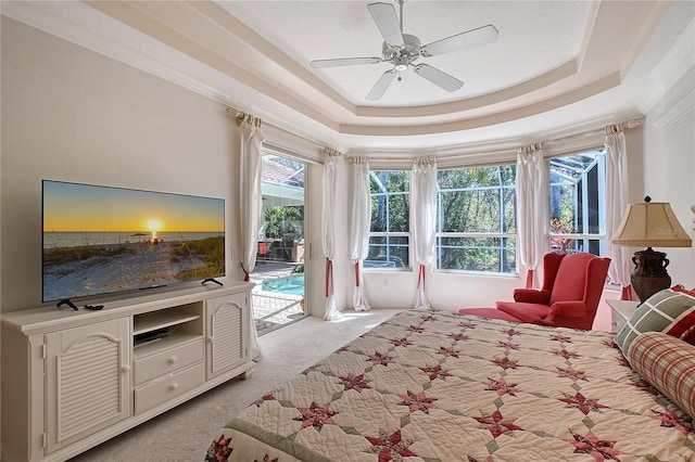 bedroom with multiple windows, a raised ceiling, and access to exterior