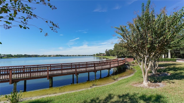 dock area with a yard and a water view