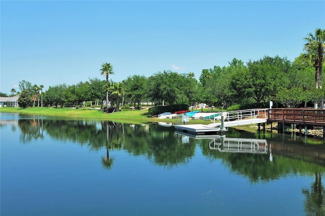 view of water feature with a dock