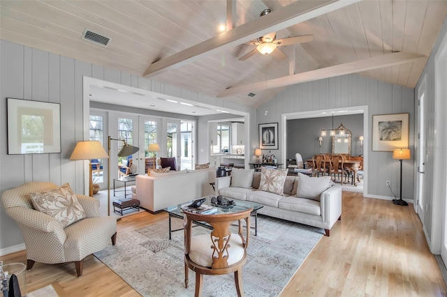 living room featuring wooden ceiling, visible vents, lofted ceiling with beams, and light wood finished floors