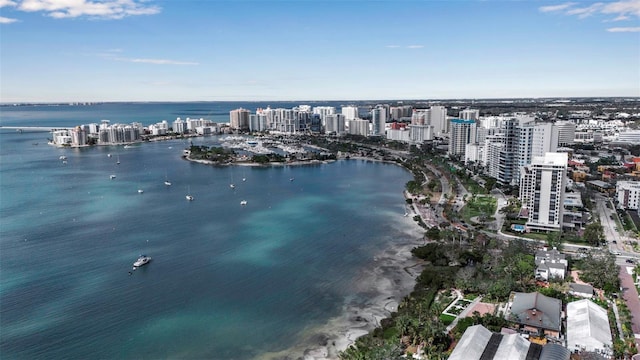 aerial view with a view of city and a water view