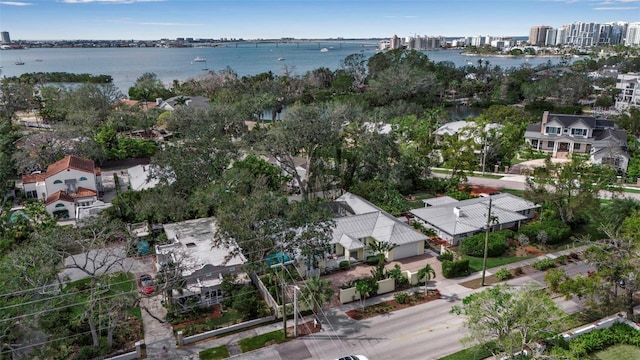 aerial view featuring a water view and a residential view