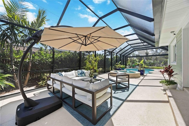 view of patio with an outdoor pool, an outdoor hangout area, an in ground hot tub, a lanai, and fence