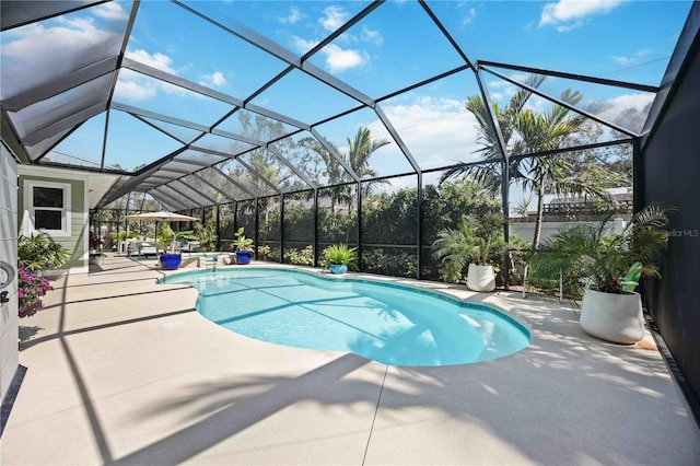 pool with a patio area and glass enclosure