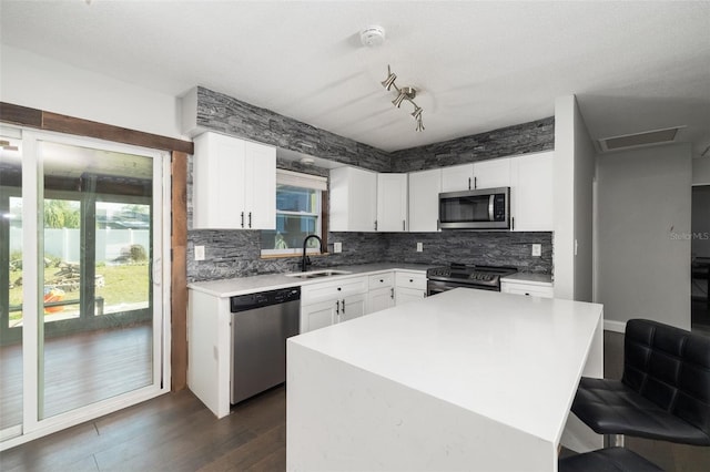 kitchen featuring appliances with stainless steel finishes, a wealth of natural light, a sink, and tasteful backsplash