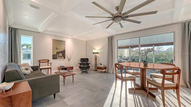 living room with coffered ceiling, a ceiling fan, visible vents, baseboards, and beam ceiling