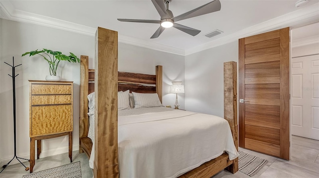 bedroom with a ceiling fan, visible vents, crown molding, and light tile patterned floors