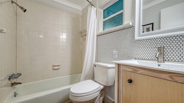 bathroom featuring toilet, vanity, ornamental molding, shower / tub combo with curtain, and tasteful backsplash