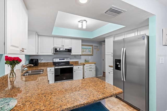 kitchen with a tray ceiling, appliances with stainless steel finishes, white cabinetry, a sink, and a peninsula