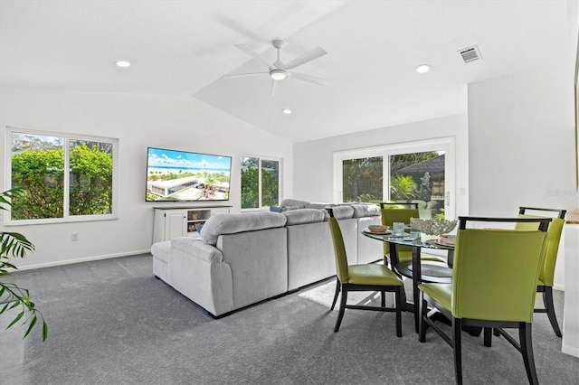 living area with dark carpet, recessed lighting, visible vents, and vaulted ceiling