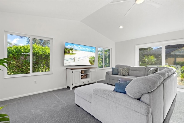 carpeted living room with lofted ceiling, a ceiling fan, and baseboards