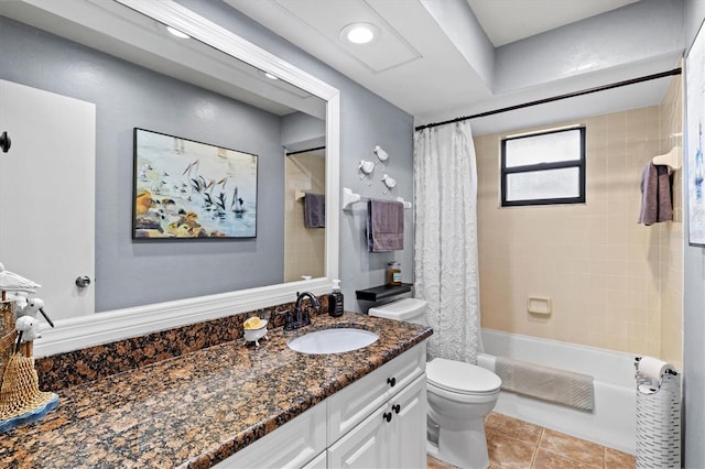 bathroom with tile patterned flooring, toilet, recessed lighting, shower / tub combo, and vanity